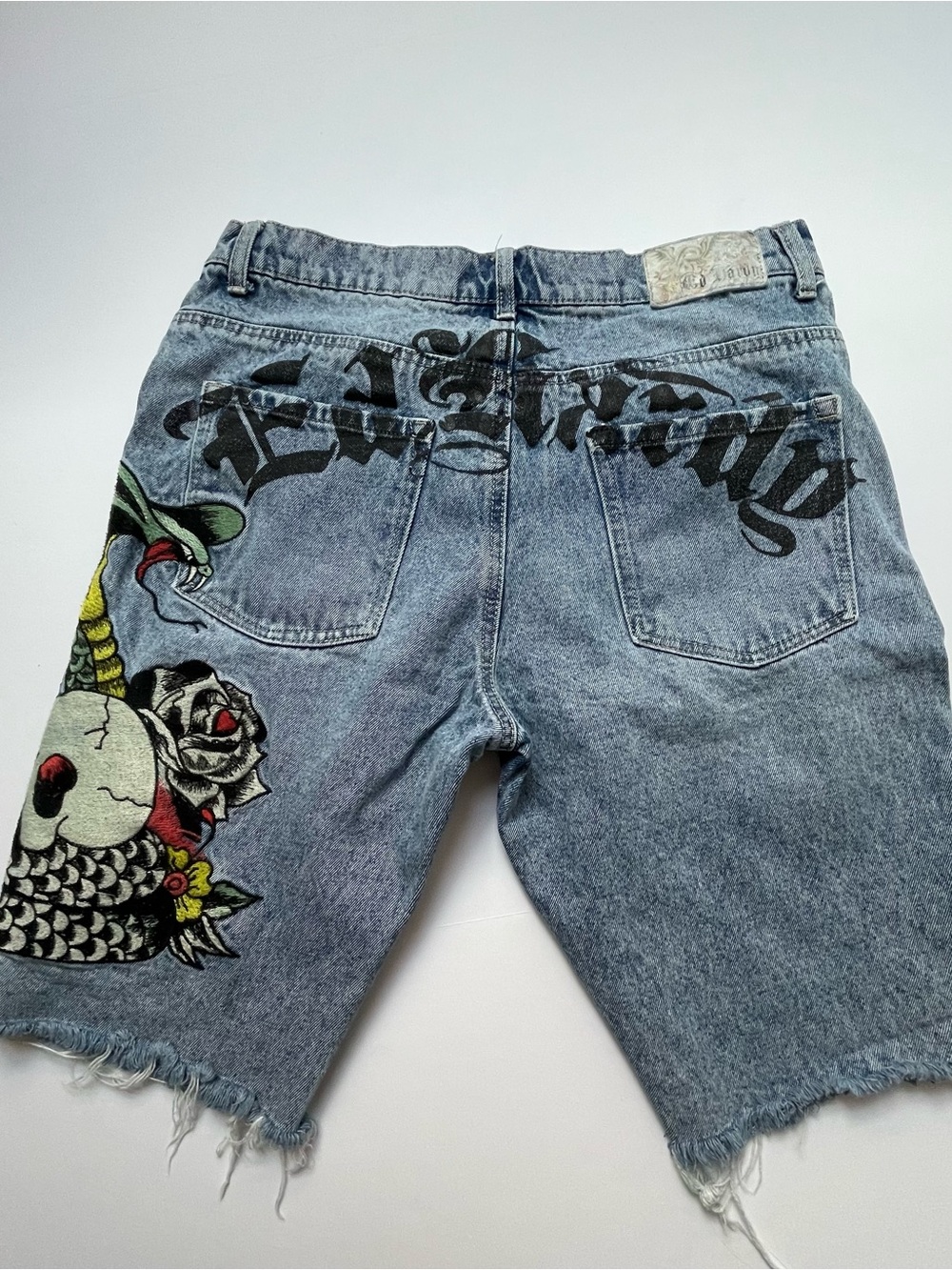 Ed Hardy Blue Denim Shorts with Embroidered Koi & Script